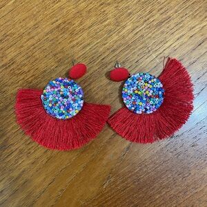 Colorful Beaded Red Fringe Earrings